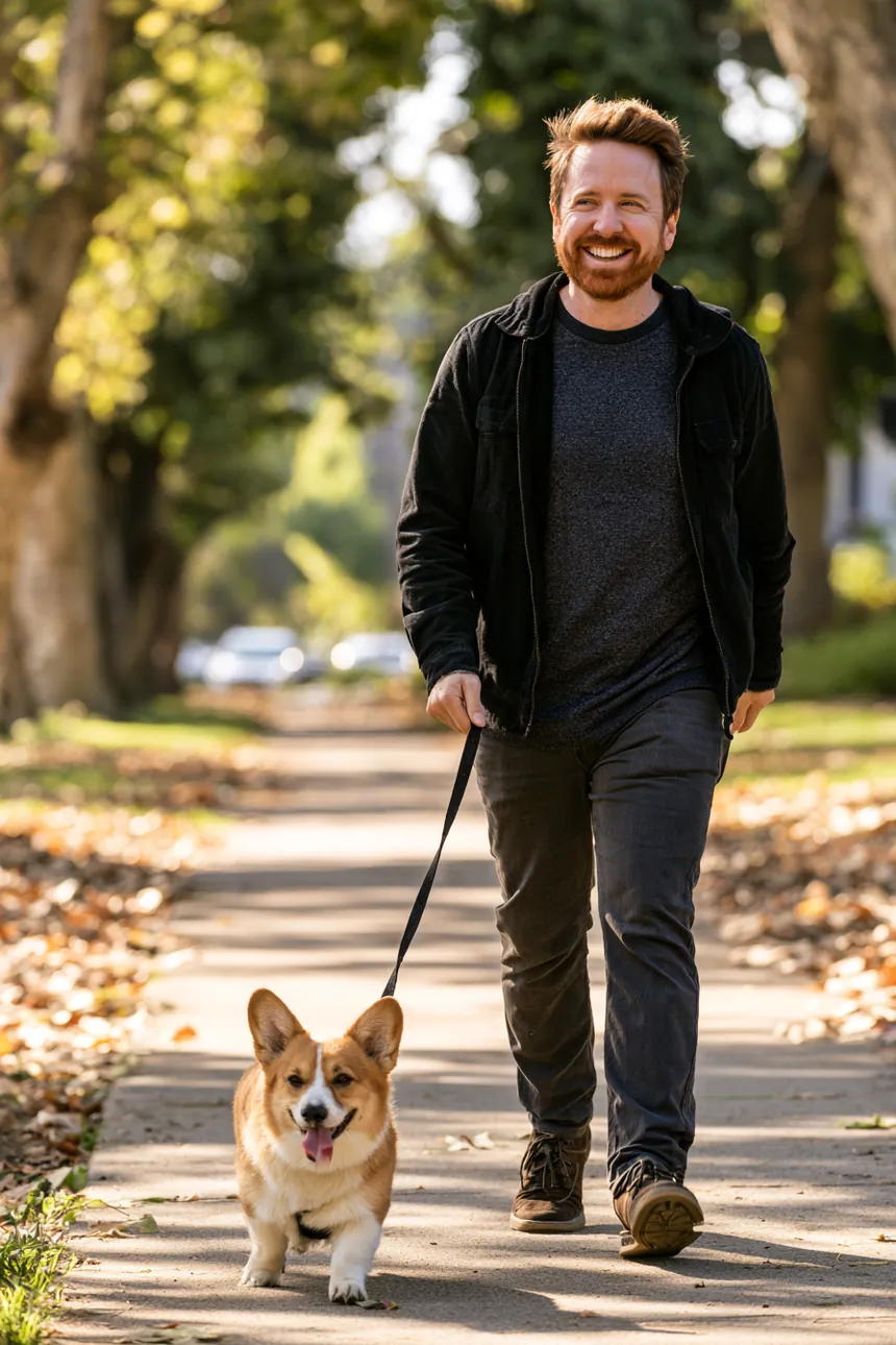 Man walking a corgi on a leafy park path — life after the 3000 dollar loan surgery