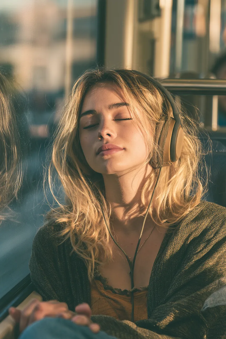 Young woman on a modern light-rail train, headphones on, city soft behind