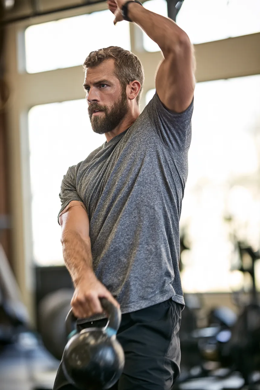 Man training with a kettlebell in an early-morning gym, determined
