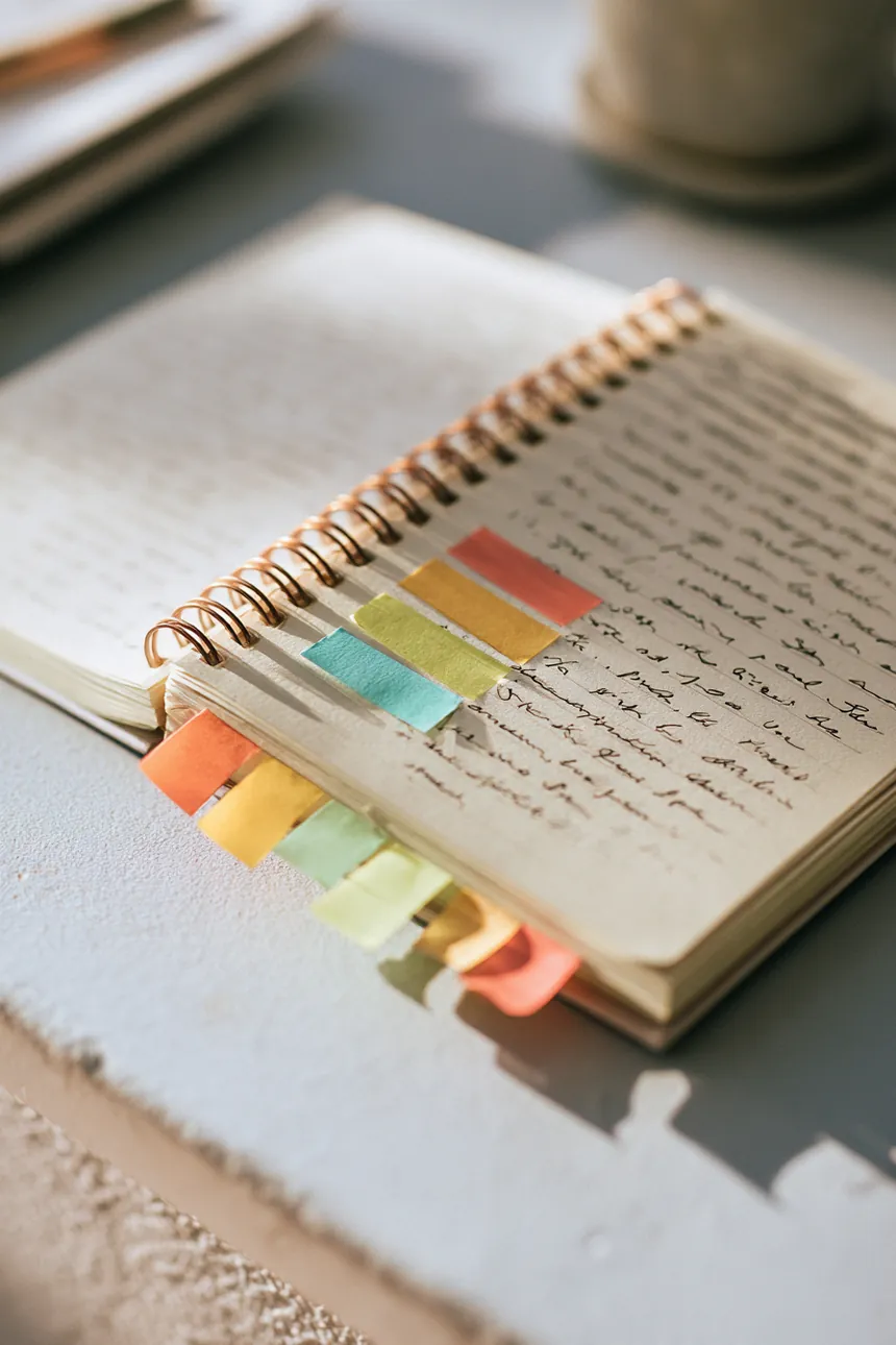 Open spiral notebook with colorful sticky tabs on a light gray desk