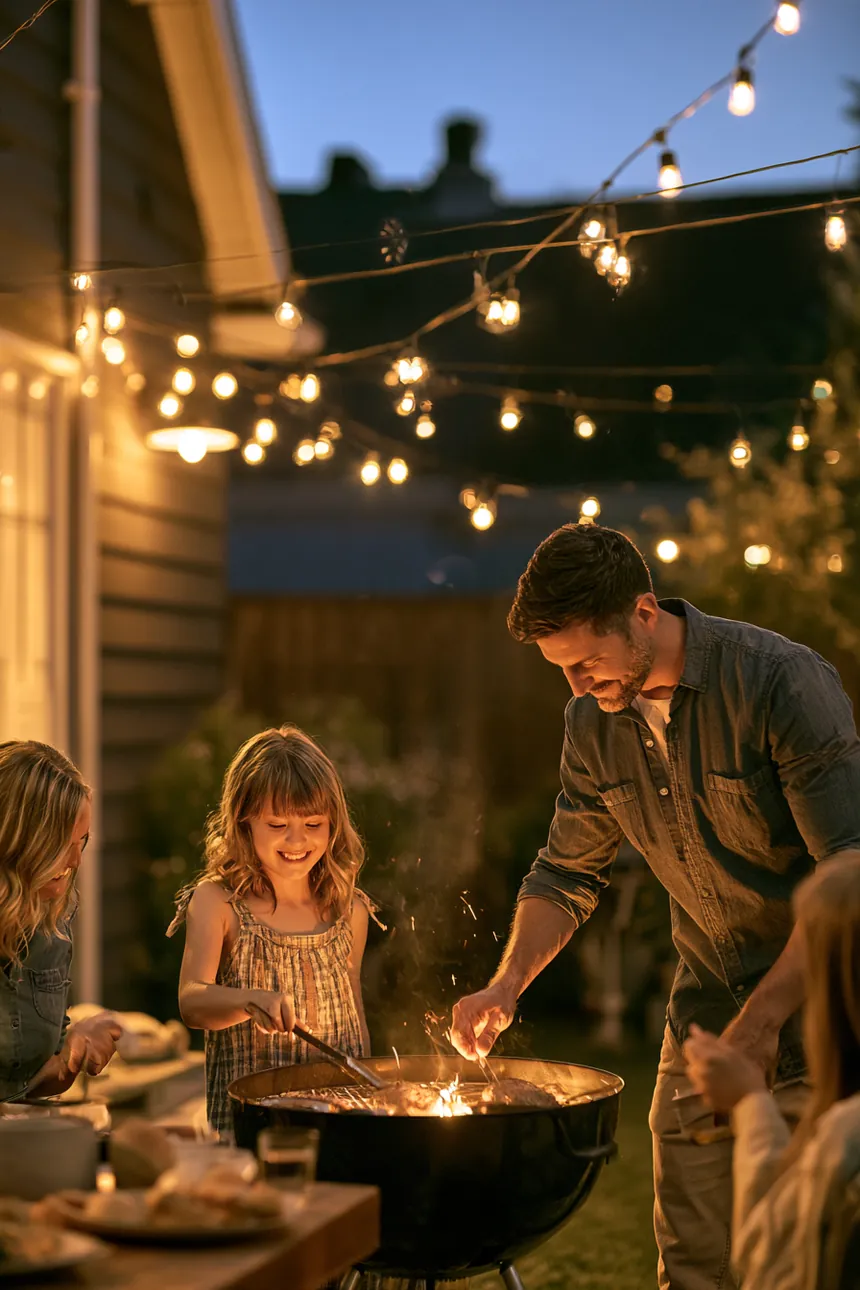 Family grilling dinner in a modern backyard at dusk