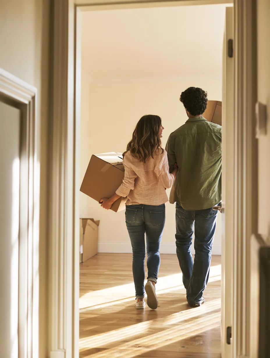 Young couple carrying moving boxes into a sunlit apartment — the $2,500 loan move