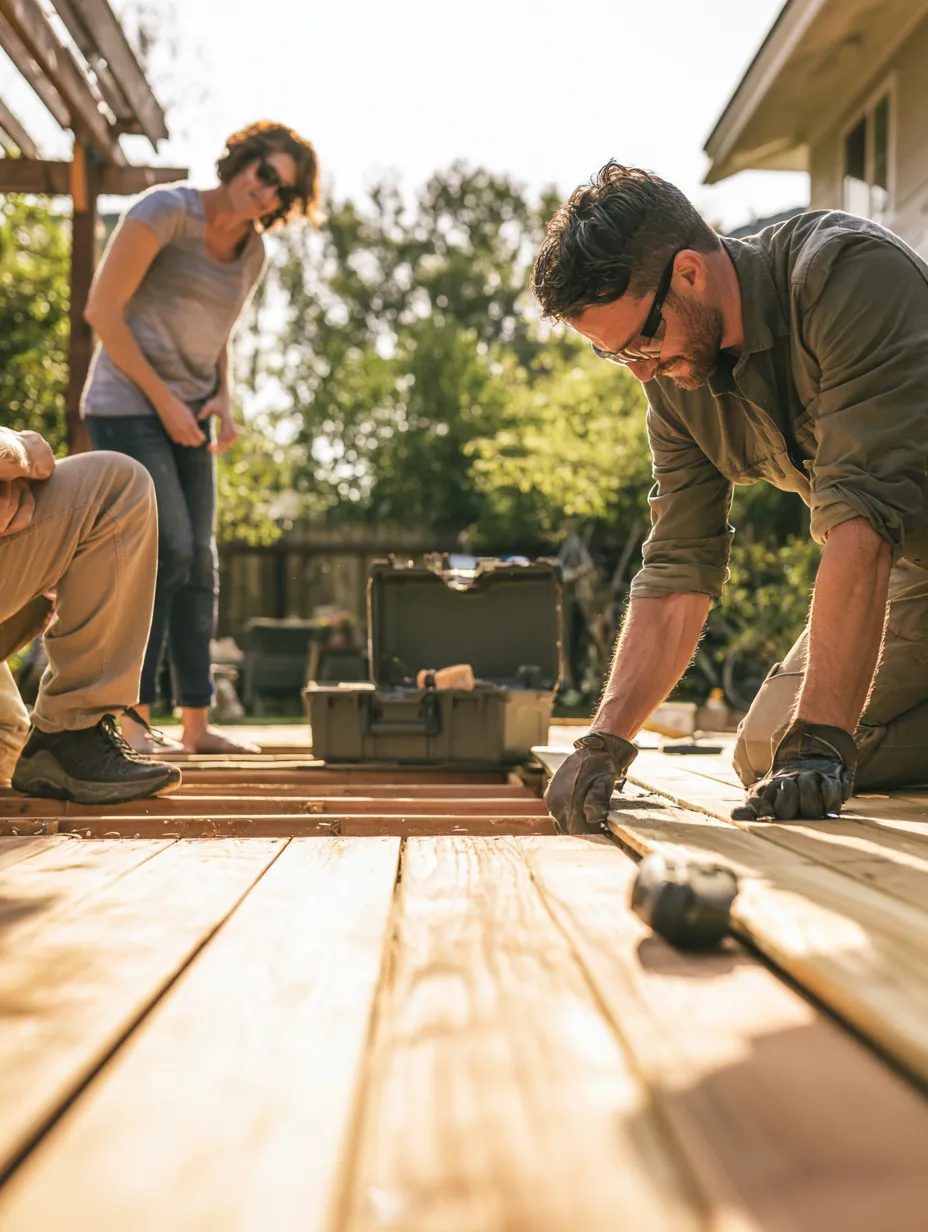 Contractor replacing deck boards while the homeowner watches — the $4,000 loan repair