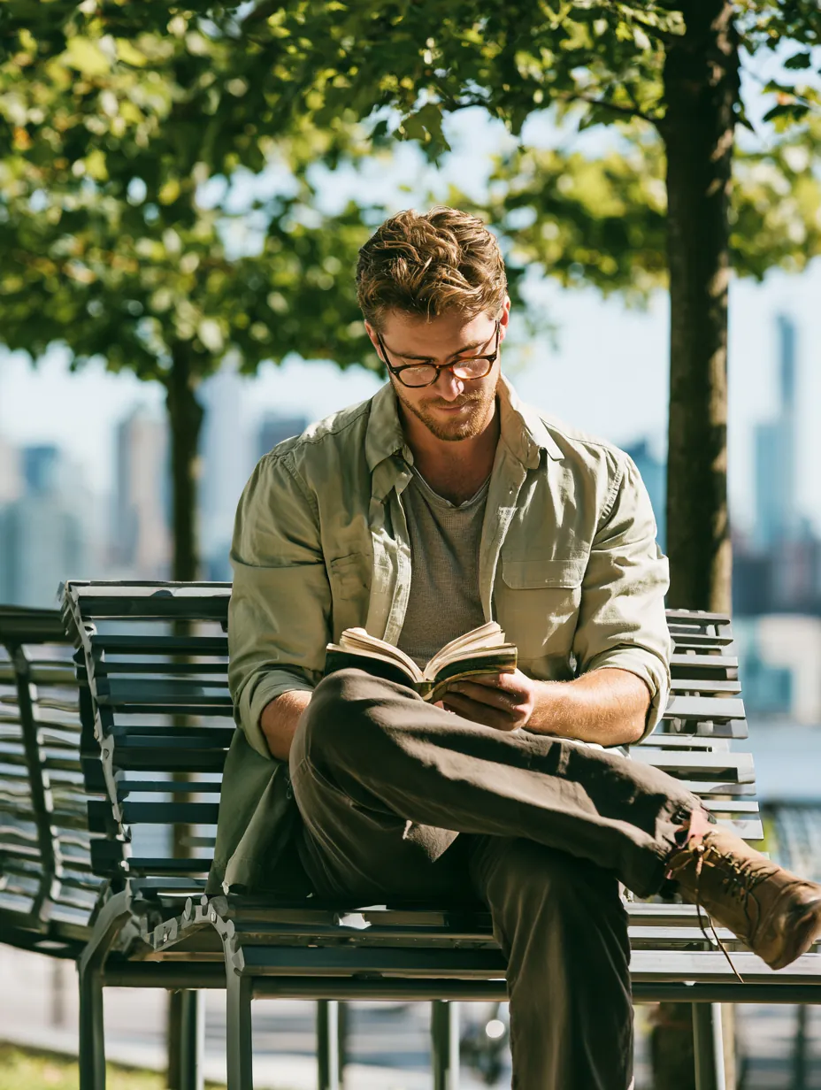 Young man reading a paperback on a park bench — the Fidelity Funding guide library