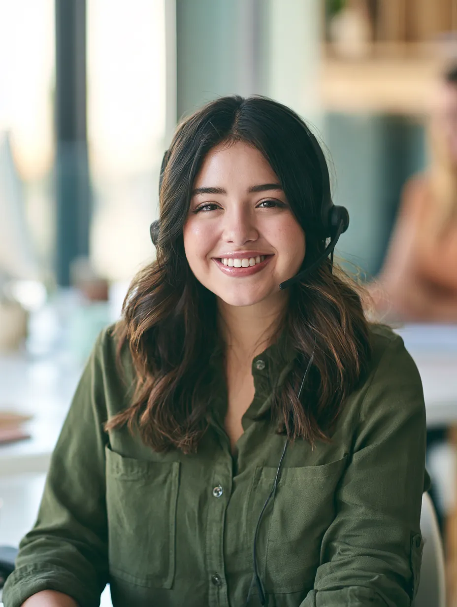 Friendly support agent with a wireless headset at a bright modern desk