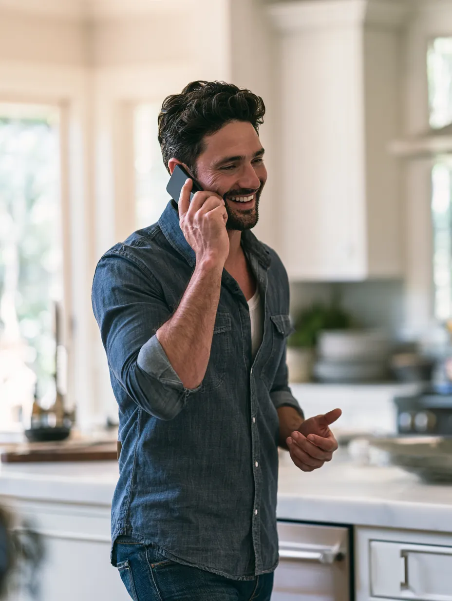 Man pacing a bright kitchen during a cheerful phone call — walking through how it works