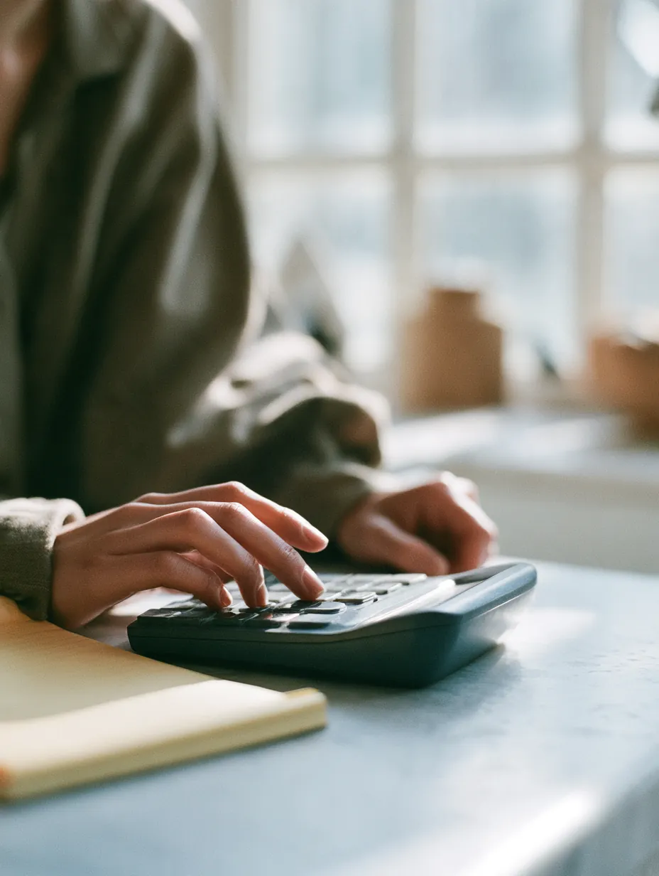 Hands tapping a calculator beside a notepad — personal loan payment planning