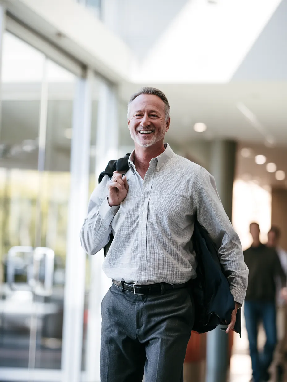 Man leaving a modern clinic smiling — medical loans for treatment costs