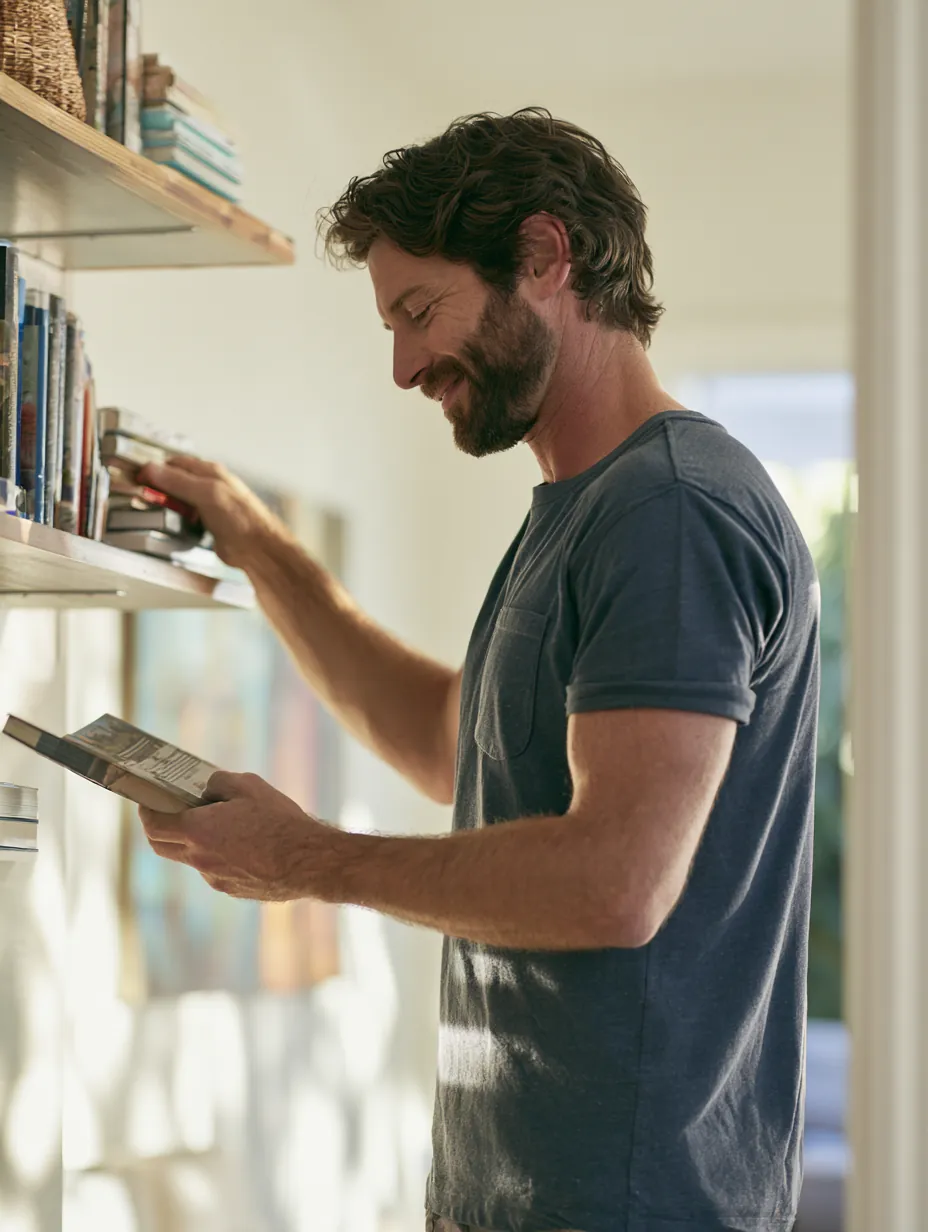 Man arranging books on a new shelf — personal loans for home upgrades