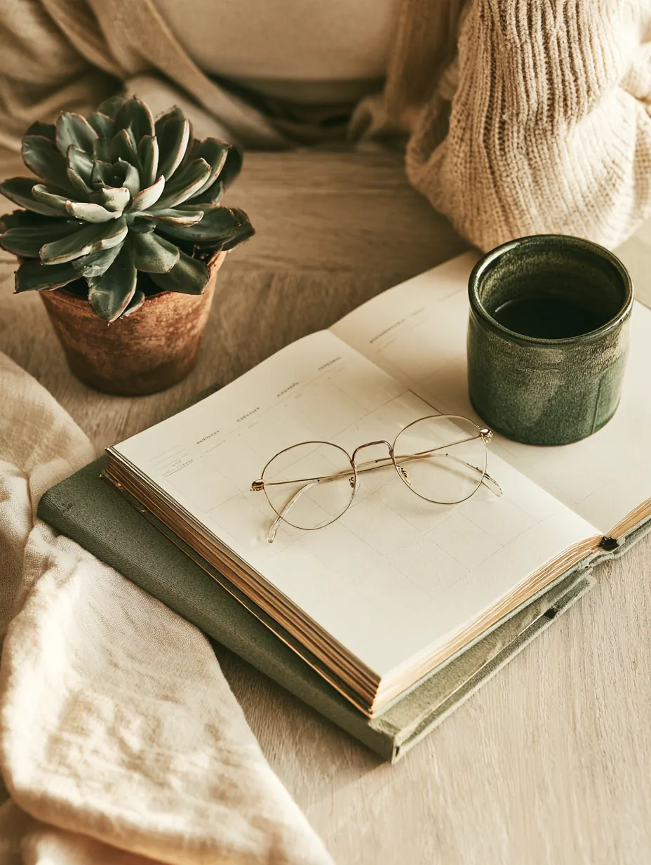 Flat lay of a weekly budgeting planner, succulent, and reading glasses on an oak table