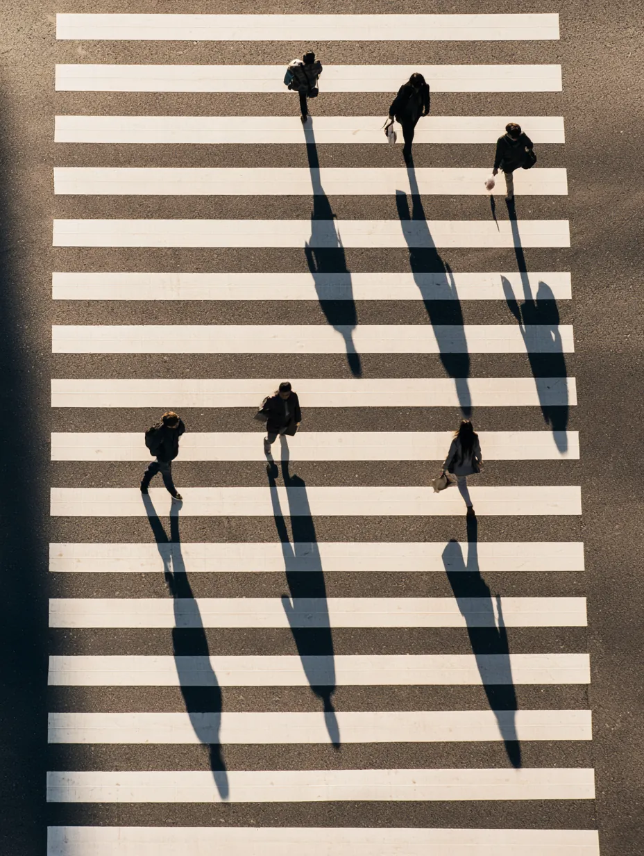 Top-down view of a clean pedestrian crosswalk — every path on the site, mapped